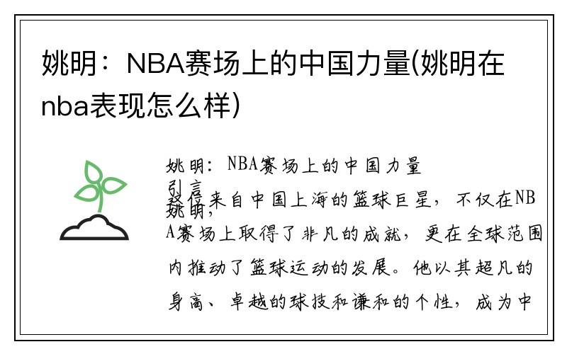 姚明：NBA赛场上的中国力量(姚明在nba表现怎么样)